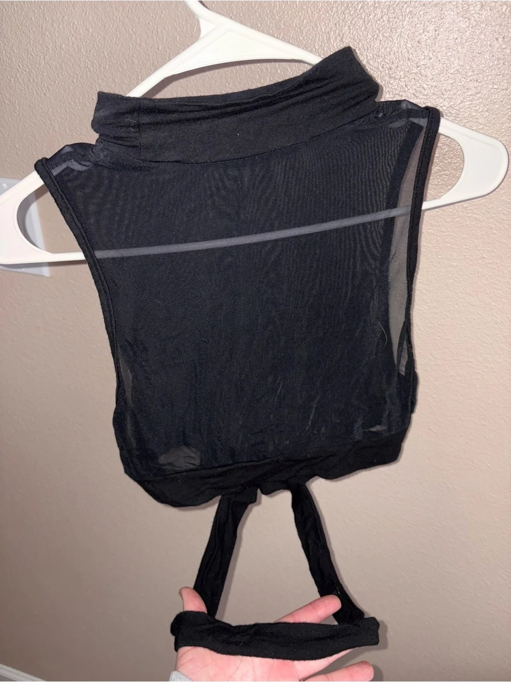 Black Sheer Sleeveless Turtleneck Bodysuit with crossbody wrap - Picture 2 of 3